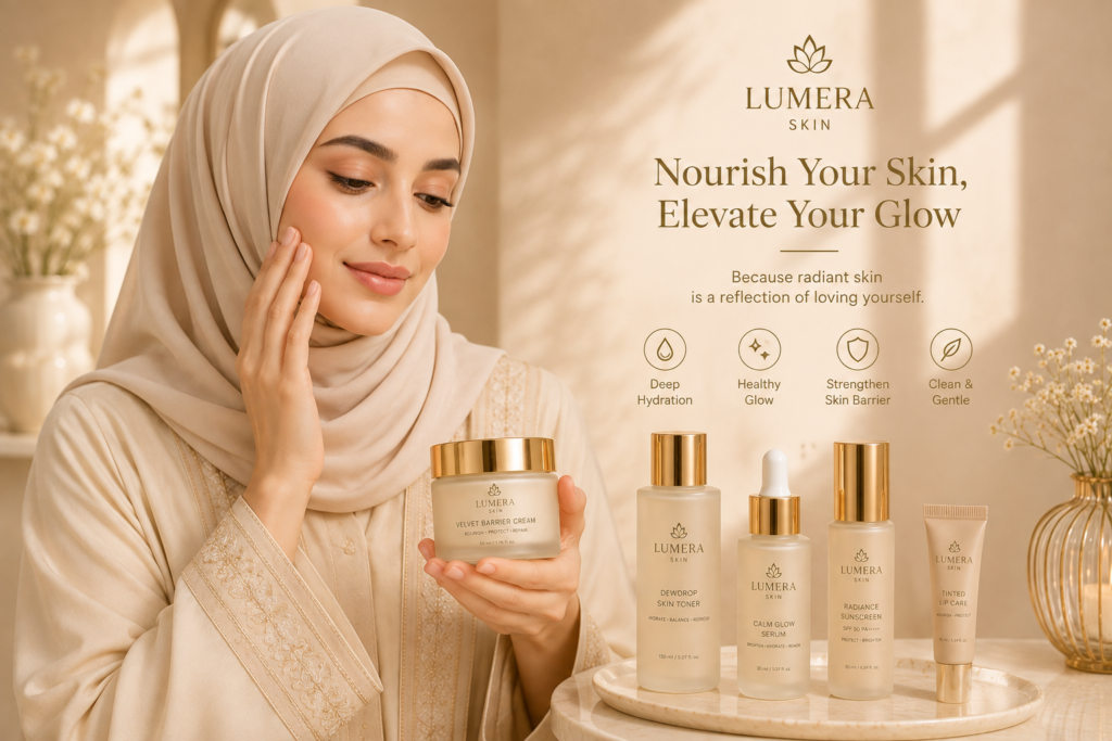 Visual ritual harian Lumera Skin dengan model berhijab dan rangkaian produk